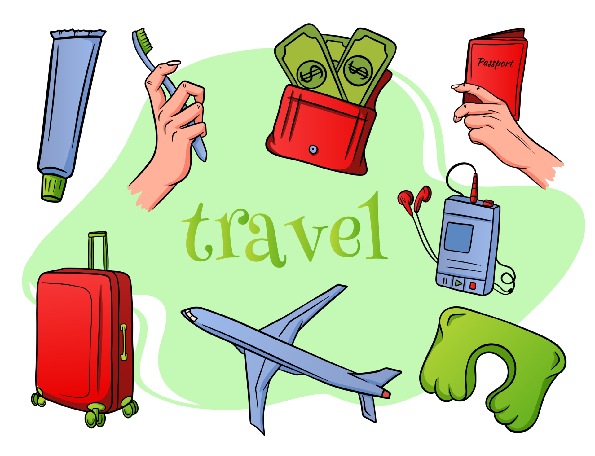 Embalaje Esencial Para Viajes En Avión: Ropa Y Accesorios Esenciales En Un  Bolso De Mano, Concepto De Vacaciones Y Turismo, Plano Ilustraciones svg,  vectoriales, clip art vectorizado libre de derechos. Image 122667688