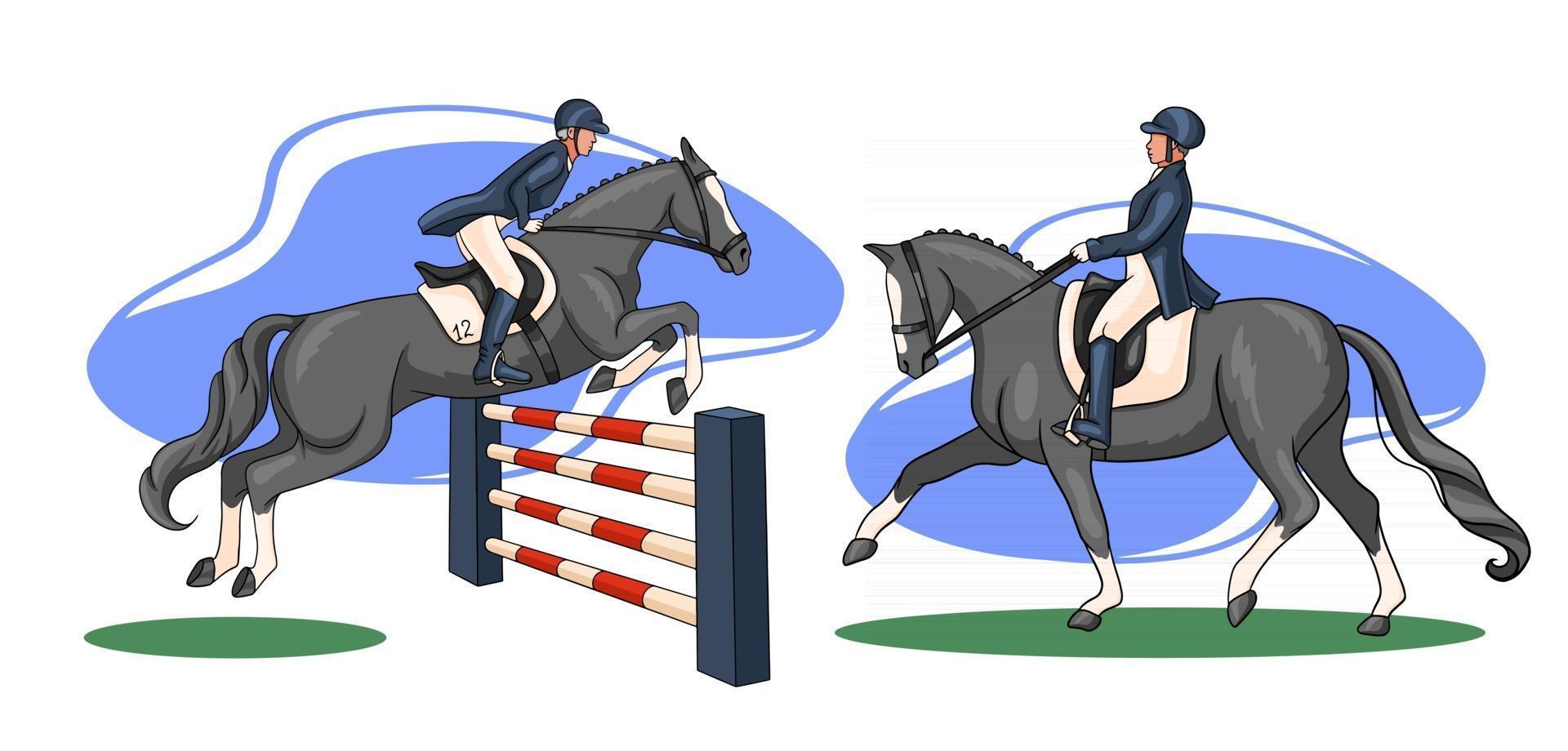 mujer de equitación montando caballo de doma en estilo de dibujos animados vector