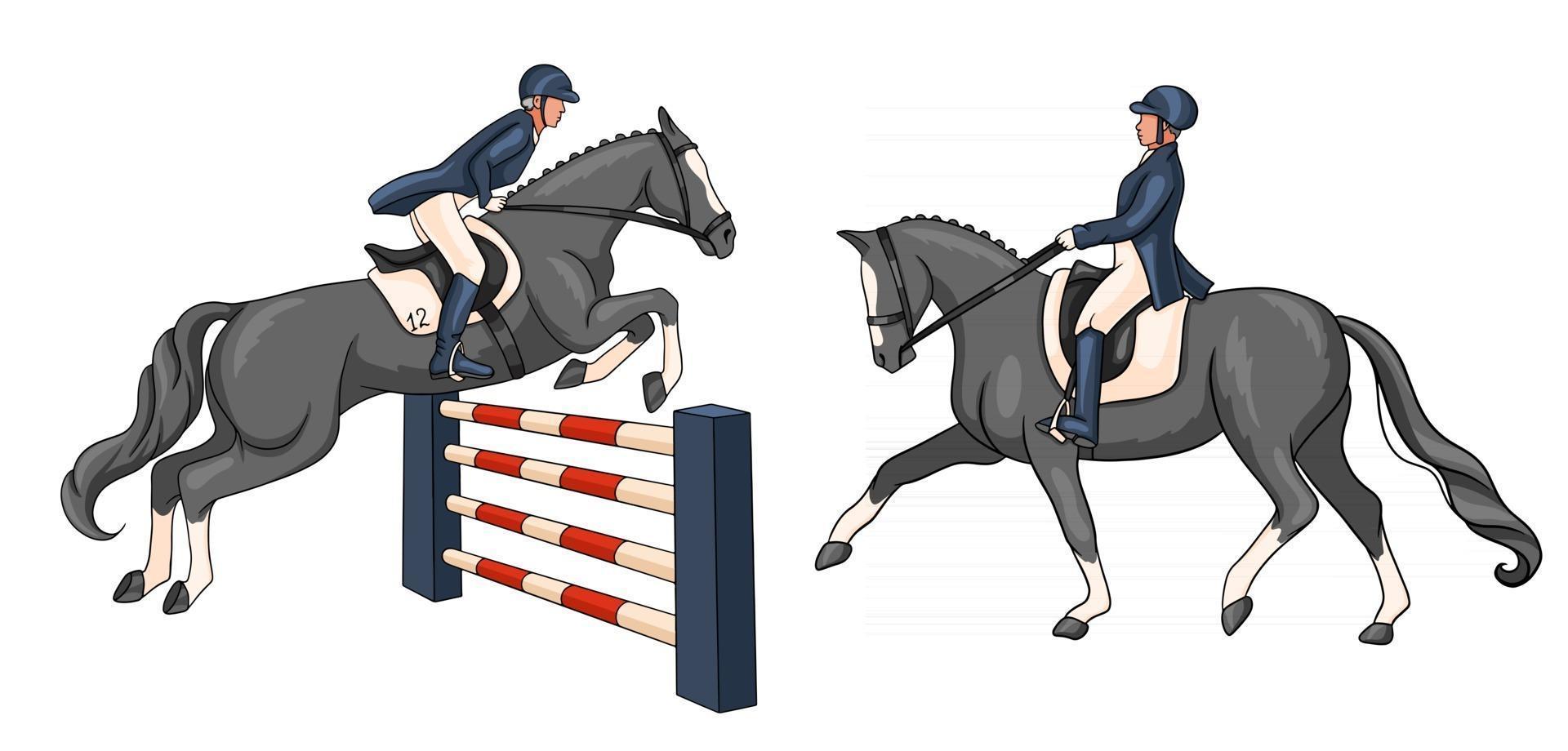 mujer de equitación montando caballo de doma en estilo de dibujos animados vector