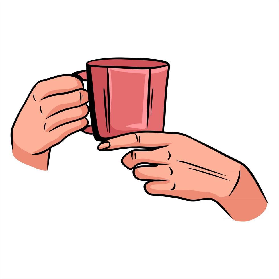 Cup with tea in hand A fragrant cup of tea for breakfast A restaurant Cartoon style vector