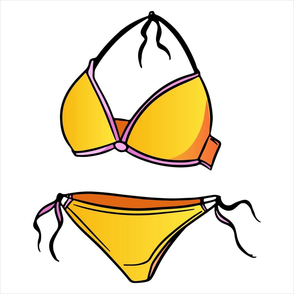 Summer items two piece swimsuit for swimming yellow in cartoon style vector