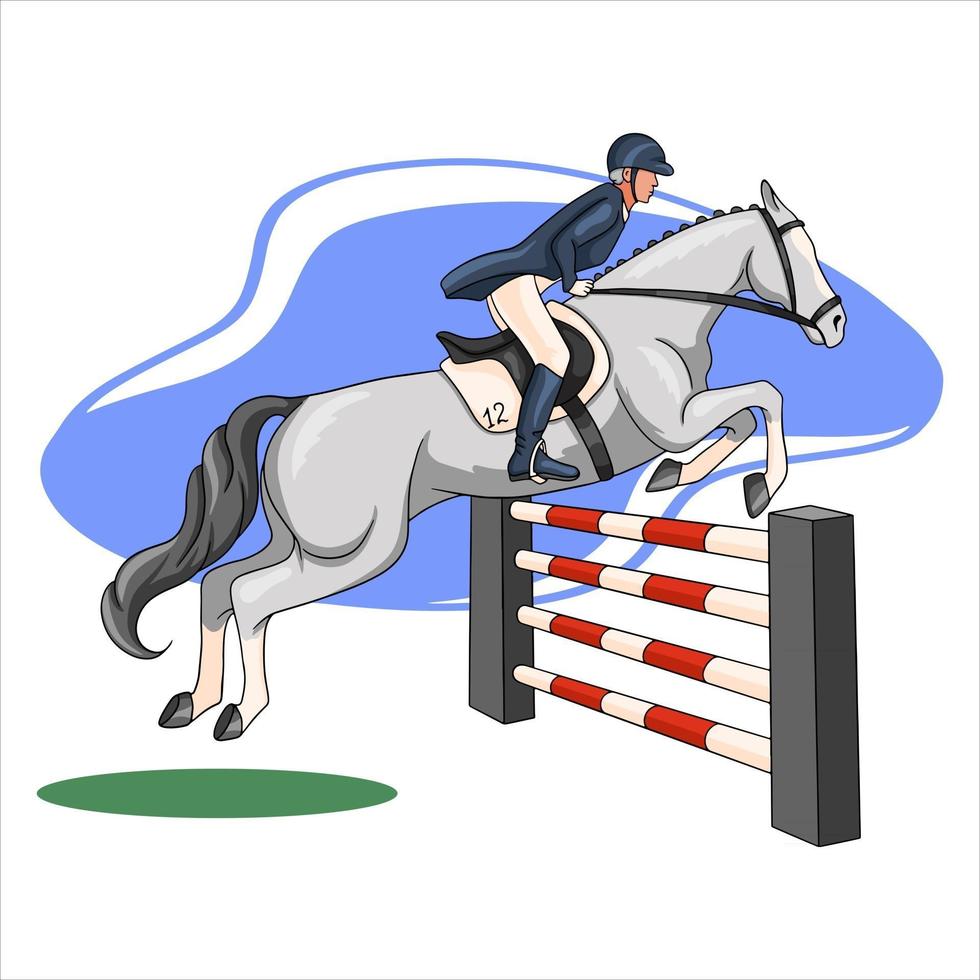 mujer de equitación montando a caballo sobre un obstáculo en estilo de dibujos animados vector