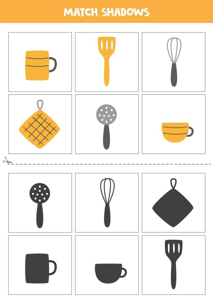 Find shadows of kitchen utensils Cards for kids vector