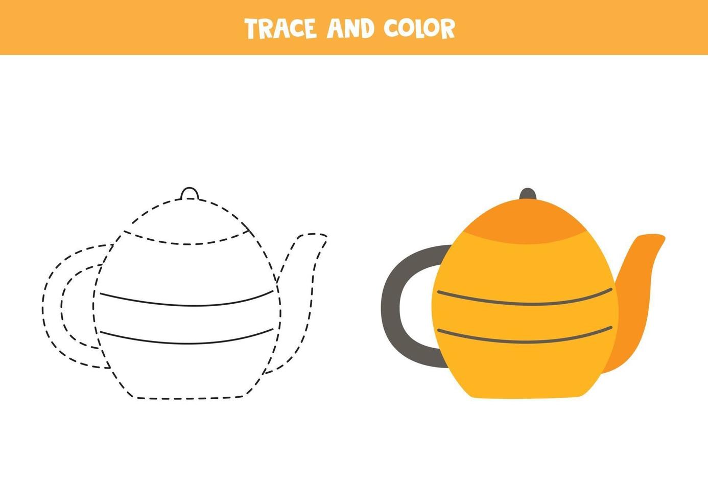 Trace and color cartoon teapot Worksheet for kids vector