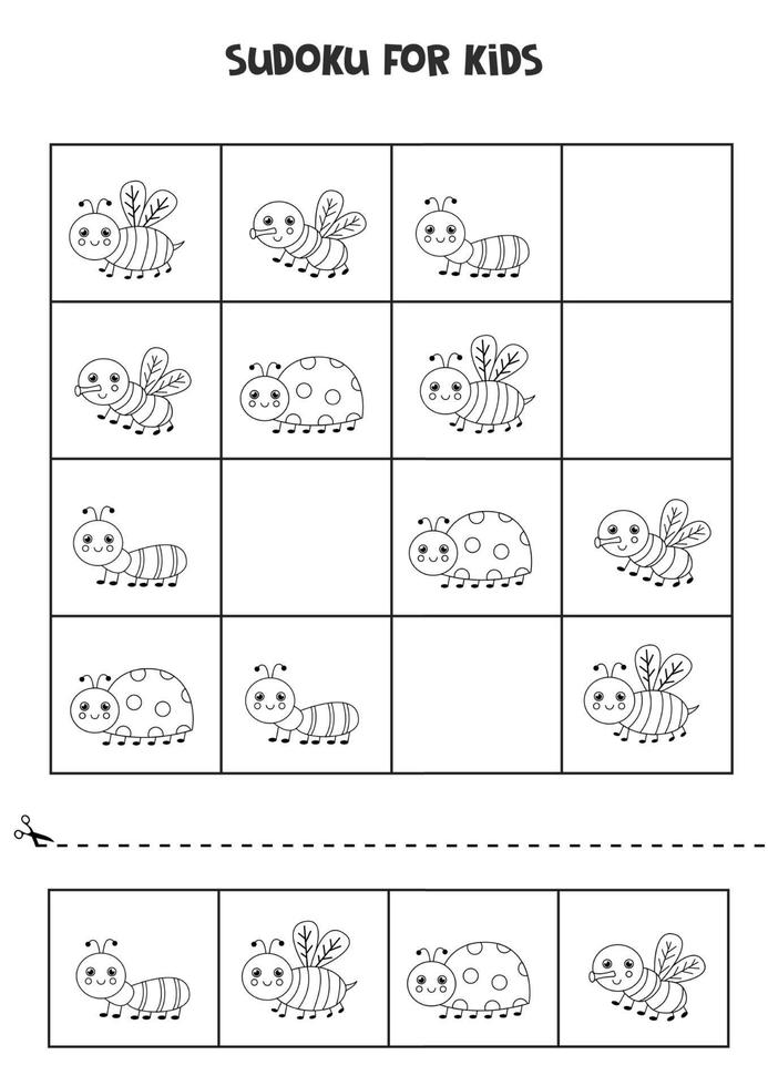 Sudoku game for kids with cute black and white insects vector