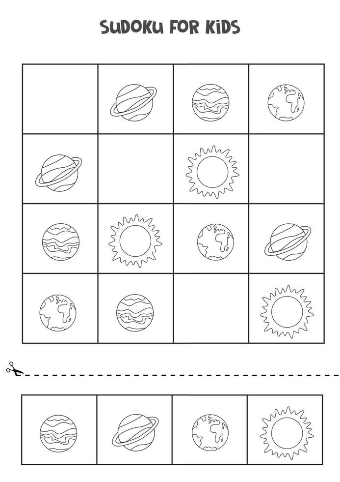 juego de sudoku para niños con lindos planetas en blanco y negro vector