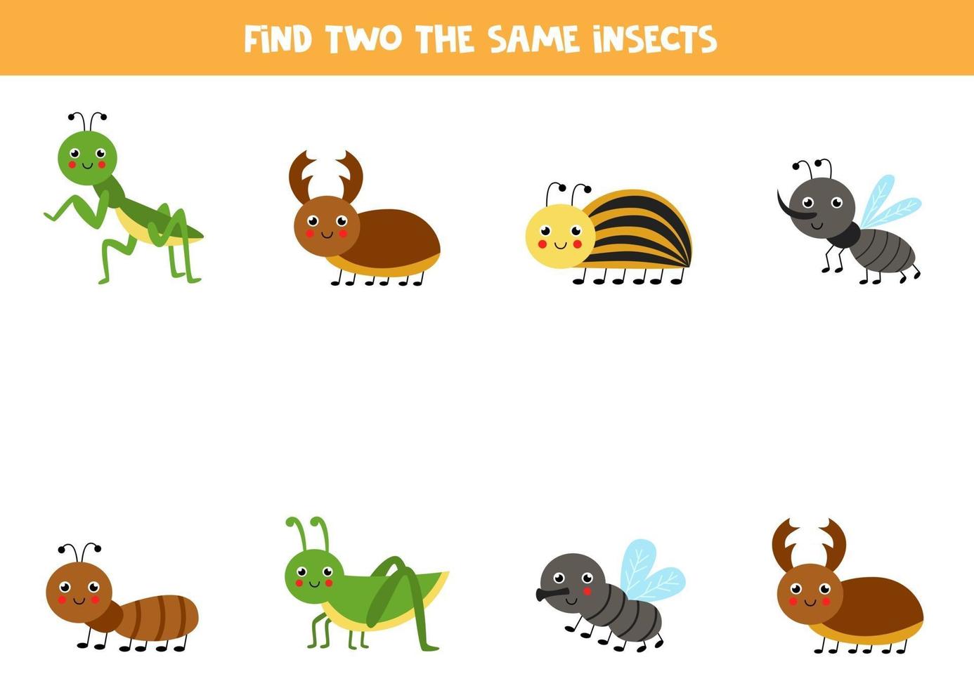 Encuentra dos insectos idénticos juego educativo para niños en edad preescolar. vector