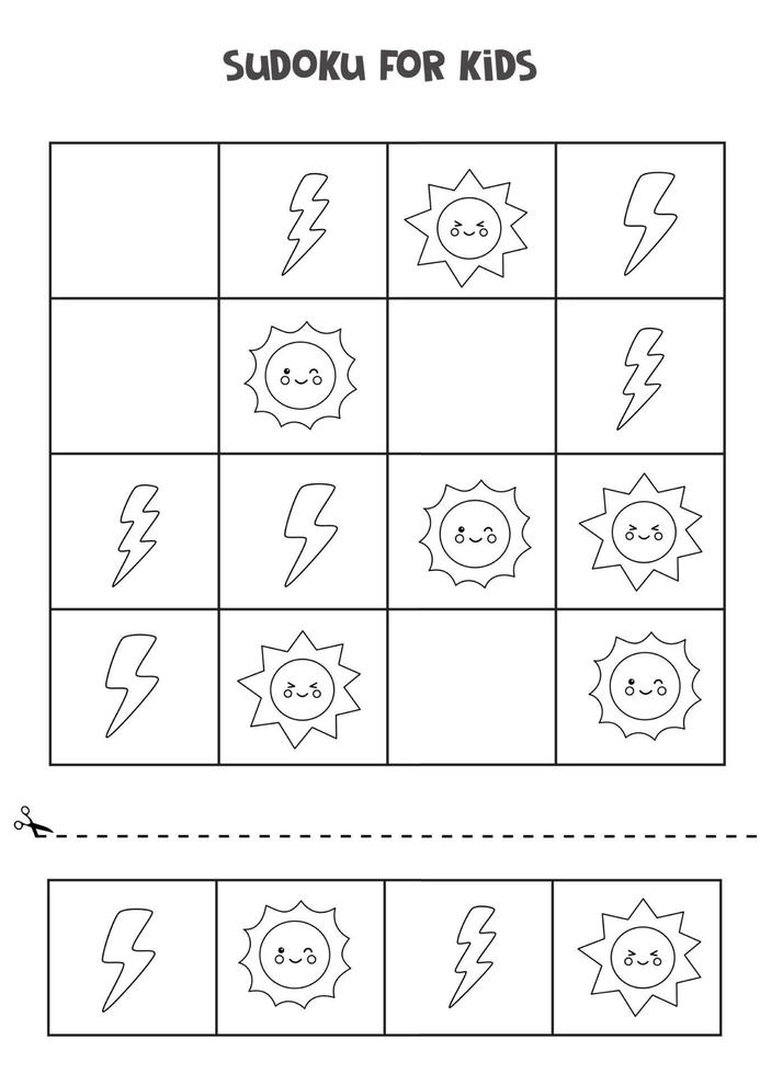 Sudoku game for kids with cute black and white weather icons vector