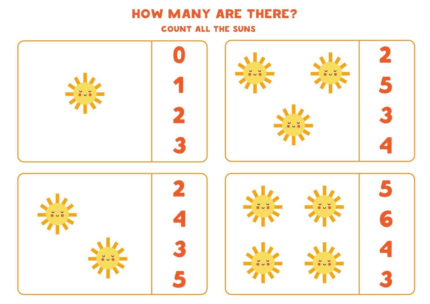 Counting game with cute sun Math worksheet vector