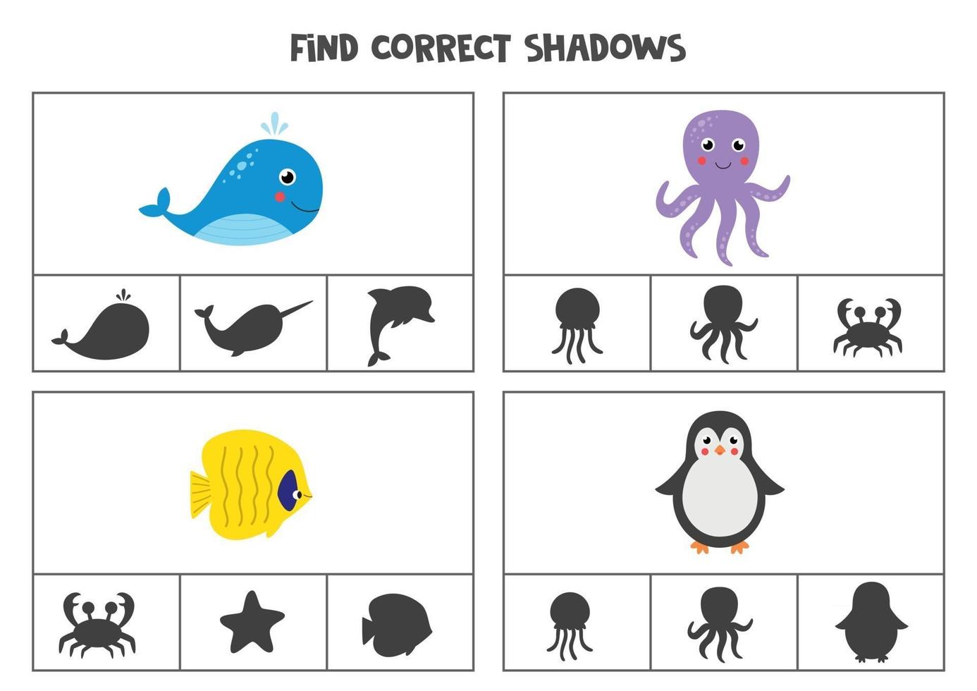 Find shadows of cute sea animals Cards for kids vector
