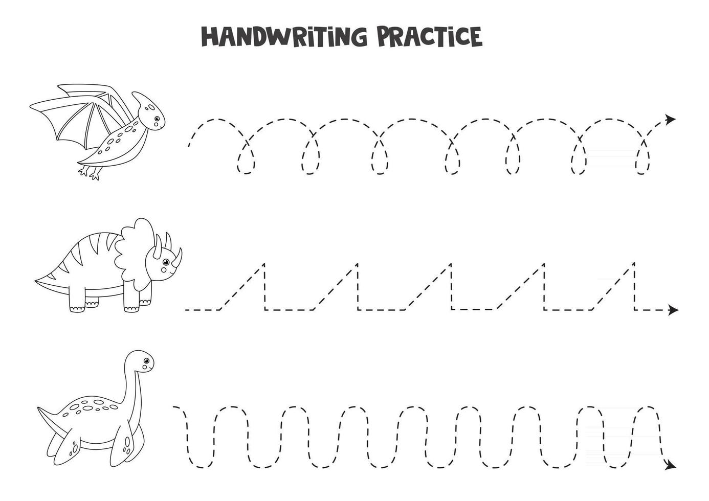 trazando líneas con lindos dinosaurios escribiendo práctica vector