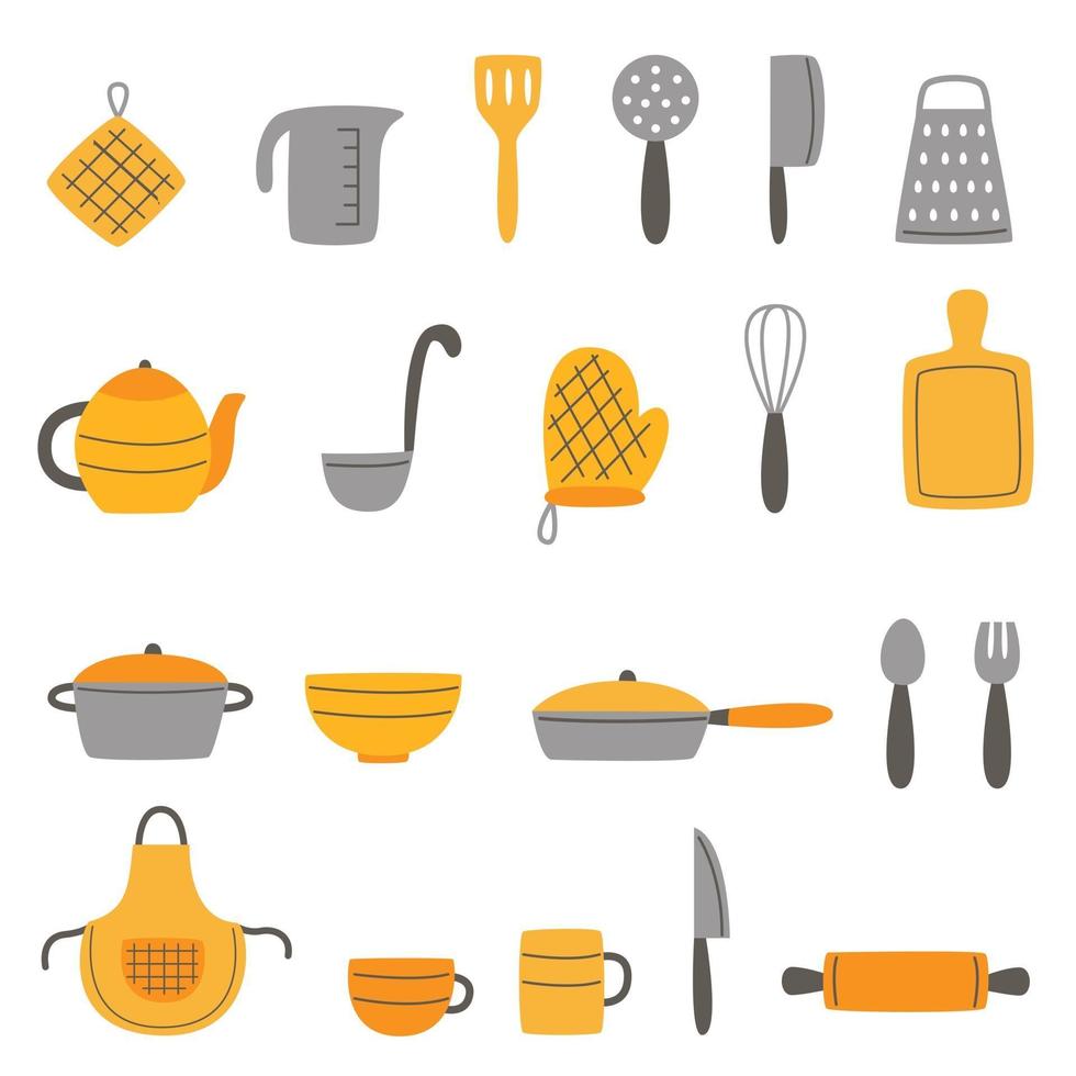 conjunto de coloridos iconos de herramientas de cocina. cosas de cocina en  diseño de dibujos animados de arte lineal 7658722 Vector en Vecteezy