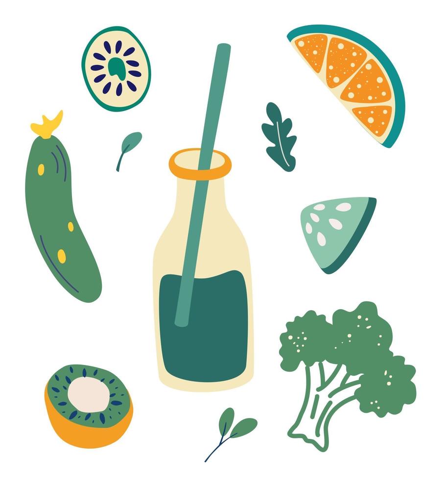 Conjunto de vegetales verdes y alimentos saludables. vector