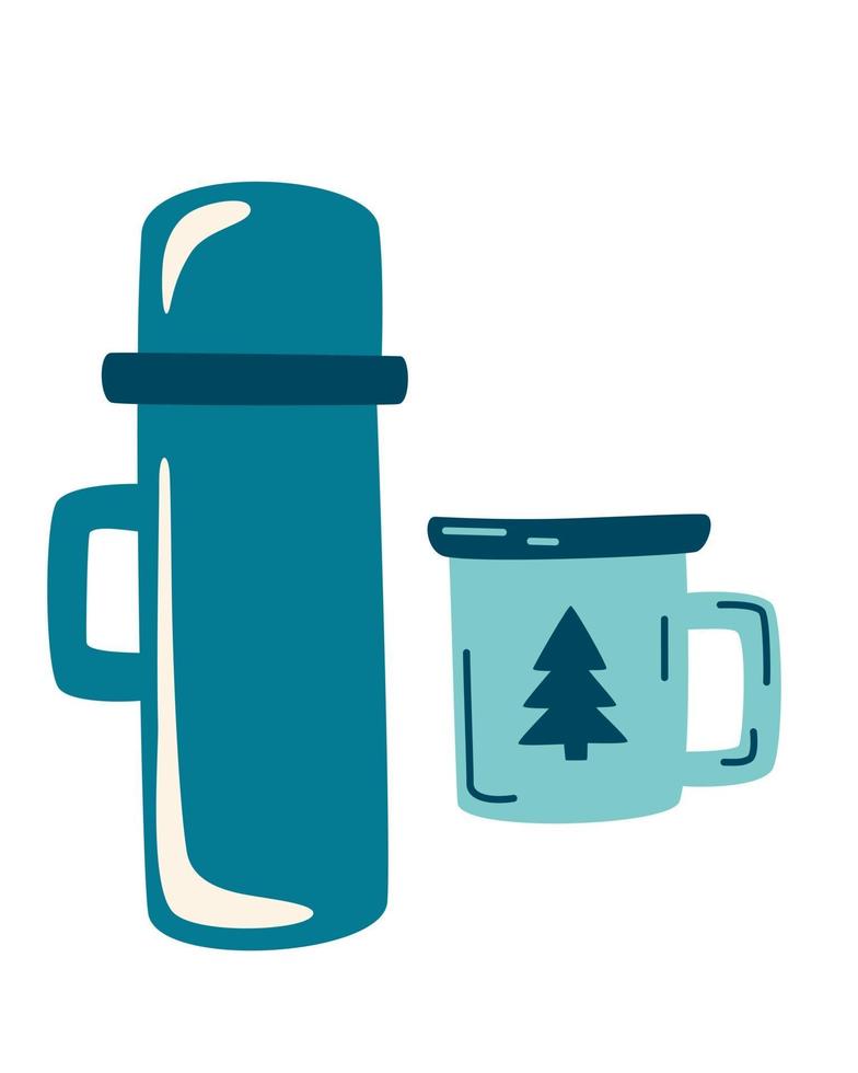 termo de camping y taza de viaje esmaltada con termo para llevar café o té invierno o acampar bebida de calentamiento tradicional senderismo iconos de matraz de té o bebida caliente ilustración vectorial plana vector