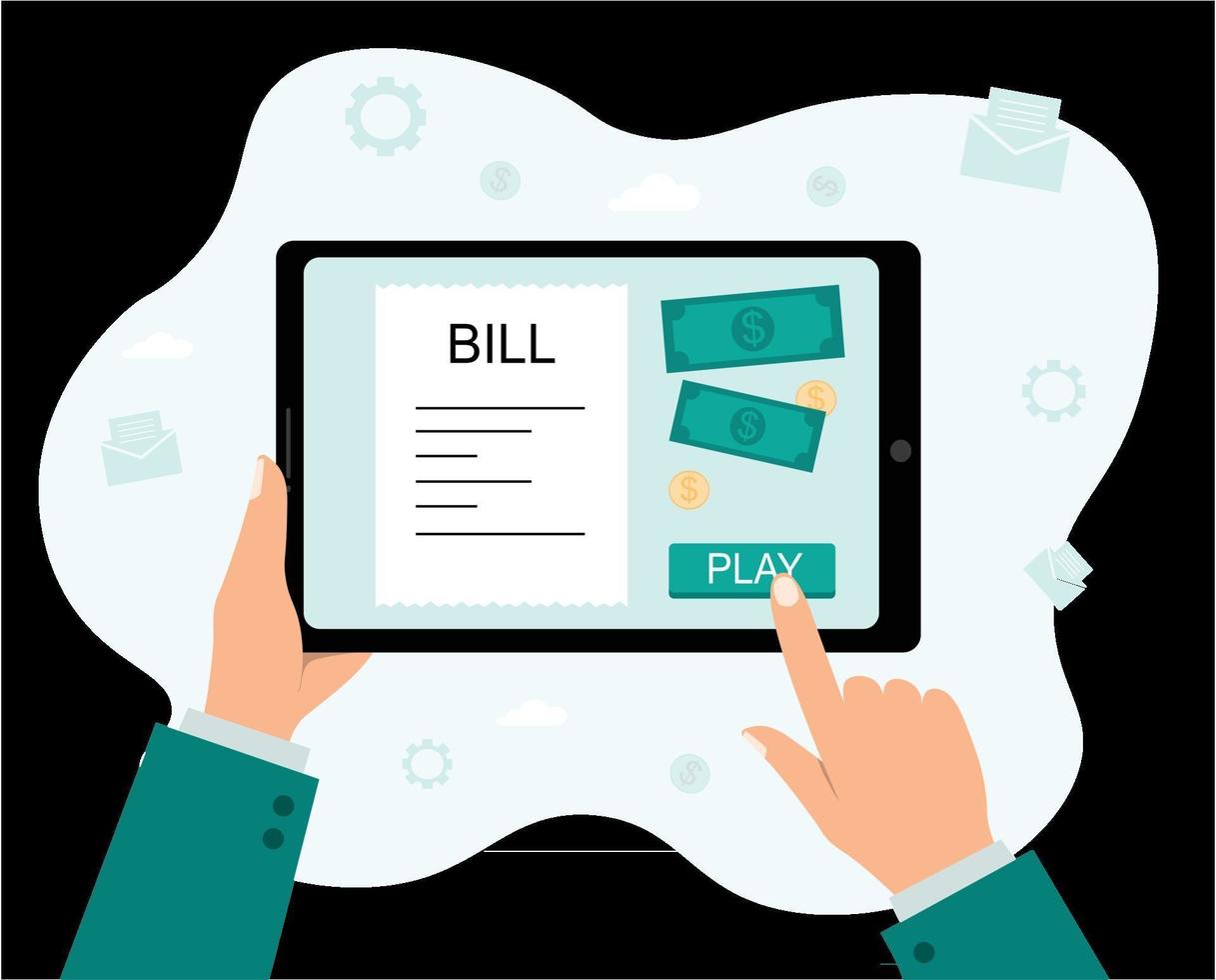 Vector illustrations Hands holding a tablet with the payment of bills Payment for utilities banks online purchases flights restaurants and other things