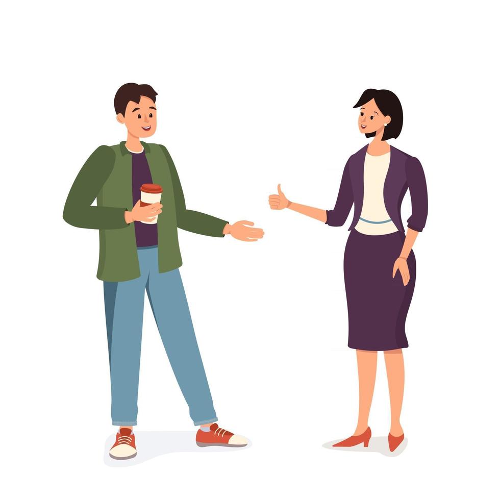 A man with a cup of coffee and a woman in a suit are talking Working or friendly meeting Happy people communicate and encourage each other vector
