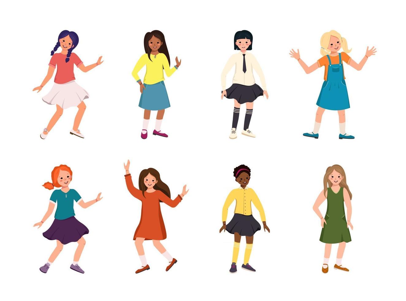 Girls or teenagers different nationalities with dark red and blond hair Happy children with faces and smiles in shirts skirts and dresses Black and fair skinned people vector