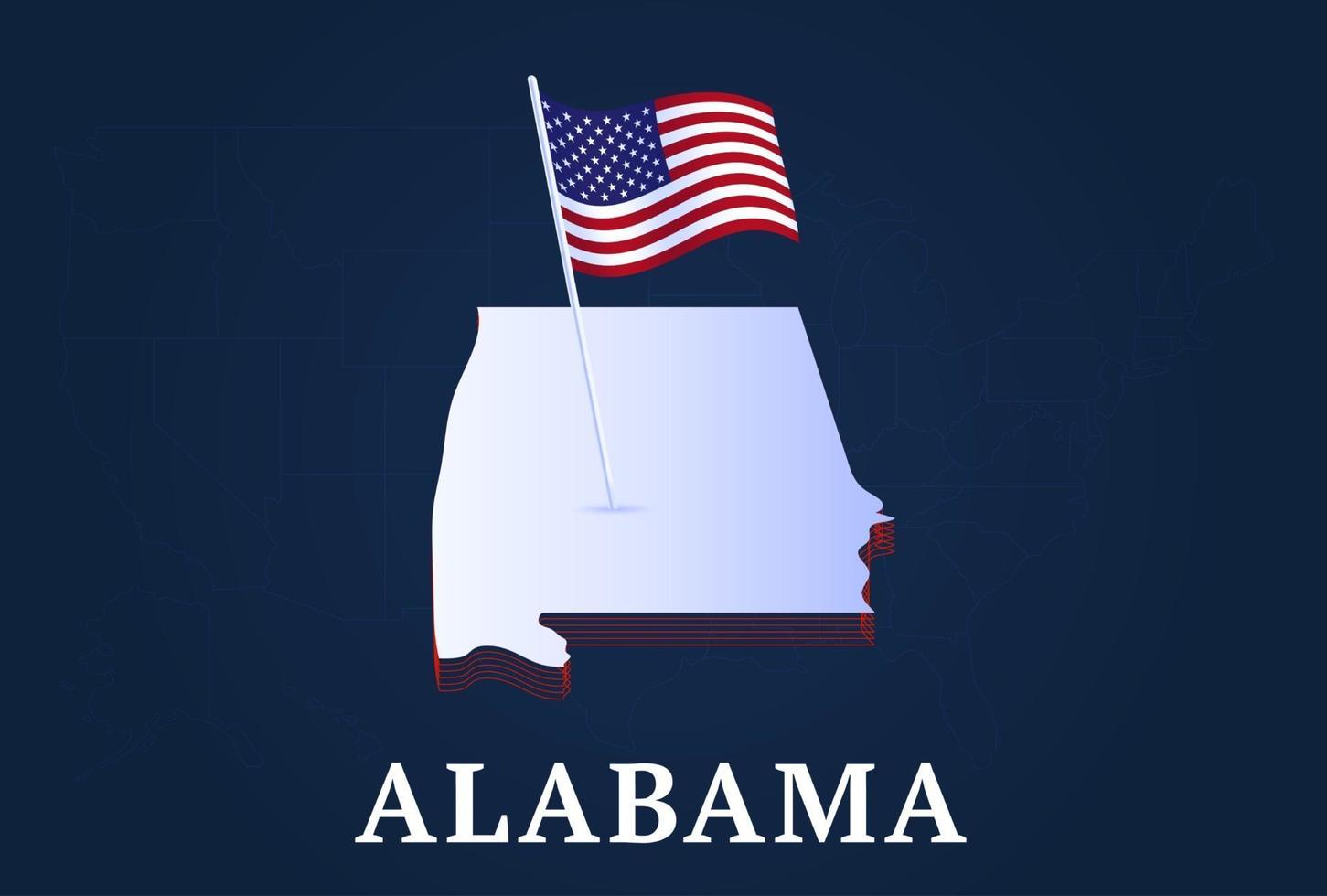 Mapa isométrico del estado de Alabama y bandera nacional de EE. UU. forma isométrica 3d de la ilustración de vector de estado de EE. UU.