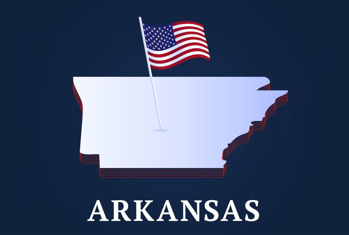 Mapa isométrico del estado de Arkansas y bandera natioanl de EE. UU. forma isométrica 3d de la ilustración de vector de estado de EE. UU.
