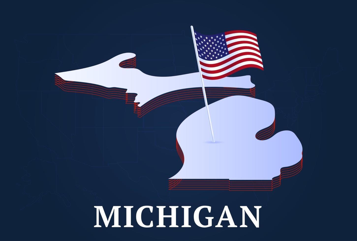 Mapa isométrico del estado de Michigan y bandera nacional de EE. UU. Forma isométrica 3d de la ilustración de vector de estado de EE. UU.