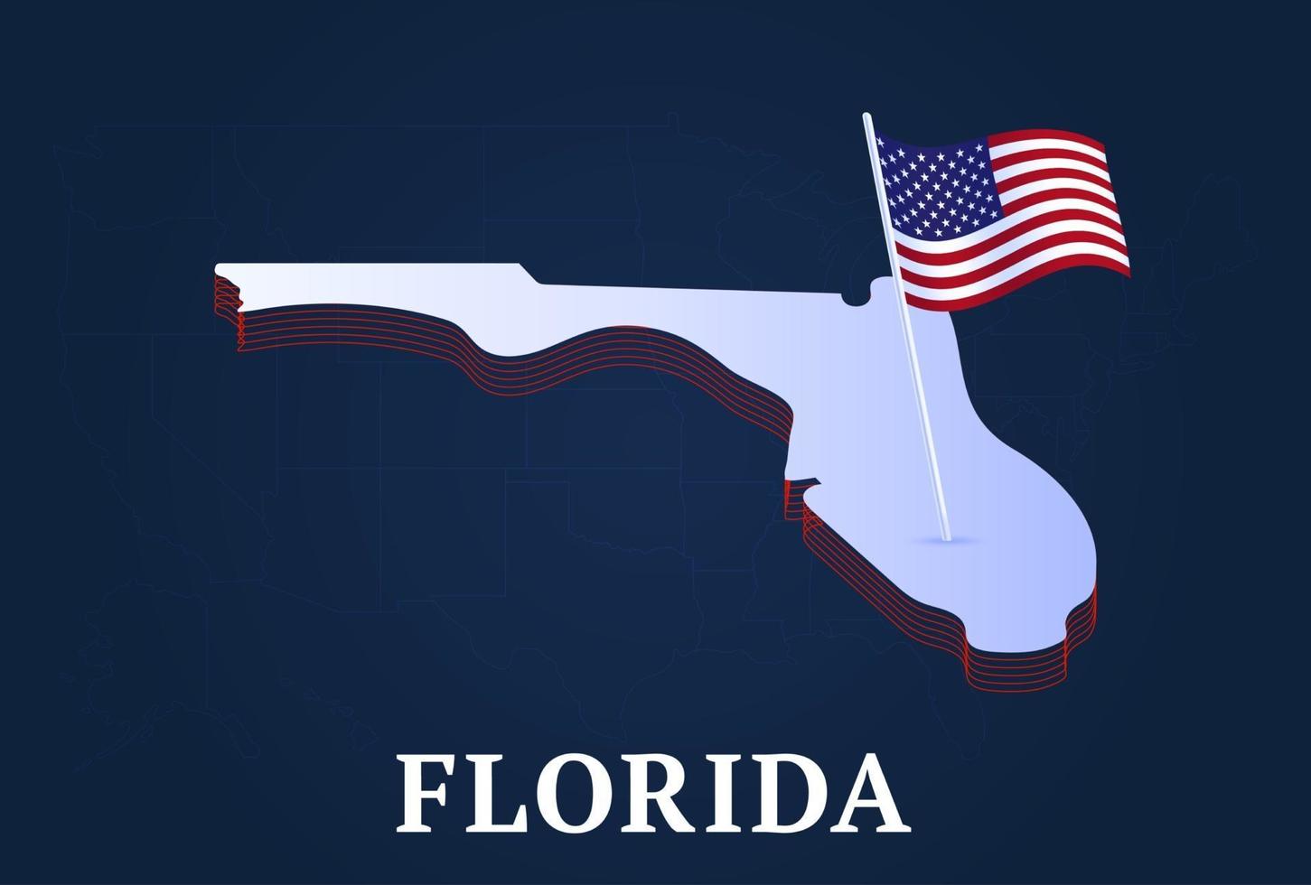 Mapa isométrico del estado de Florida y bandera natioanl de EE. UU.Forma isométrica 3d de la ilustración de vector de estado de EE. UU.