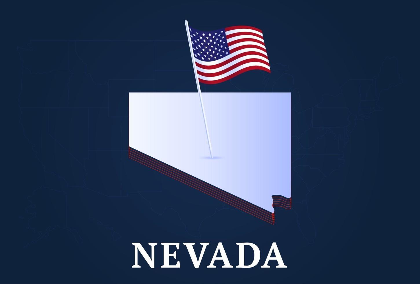 Mapa isométrico del estado de Nevada y bandera nacional de EE. UU. forma isométrica 3d de la ilustración de vector de estado de EE. UU.
