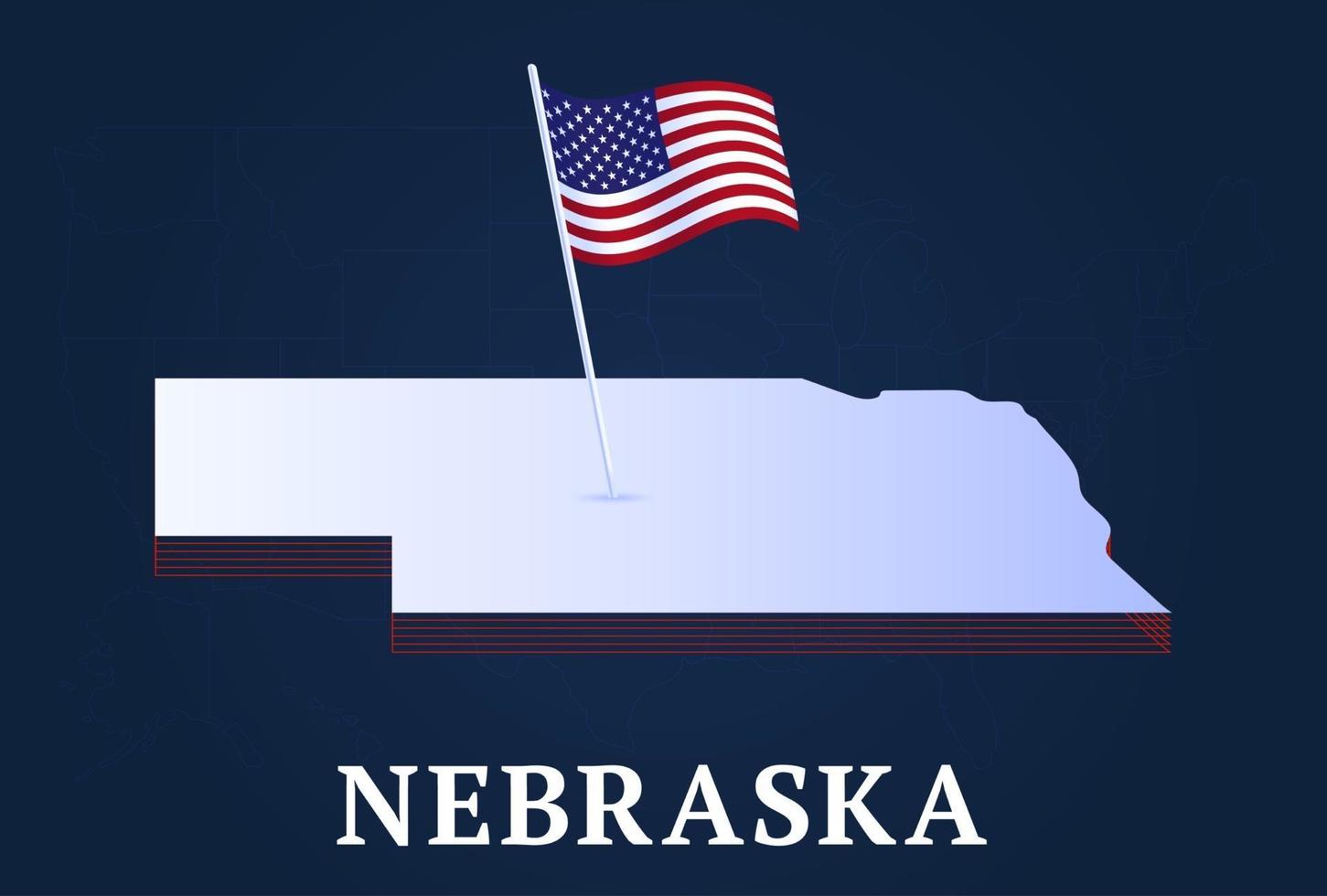 Mapa isométrico del estado de Nebraska y bandera nacional de EE. UU.Forma isométrica 3d de la ilustración de vector de estado de EE. UU.