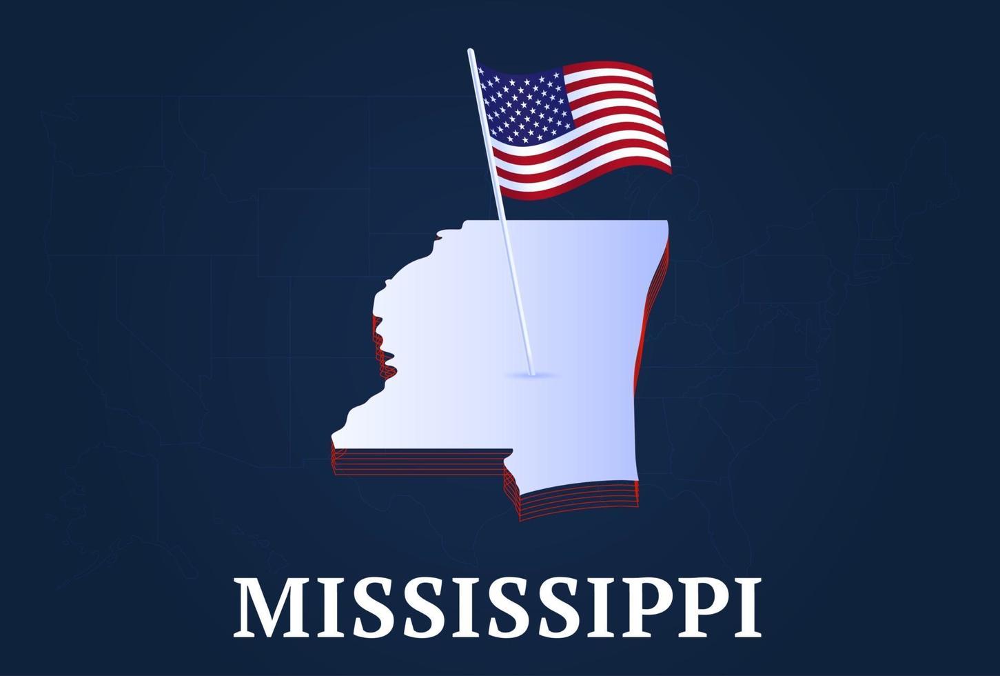 Mapa isométrico del estado de Mississippi y bandera nacional de EE. UU. Forma isométrica 3d de la ilustración de vector de estado de EE. UU.