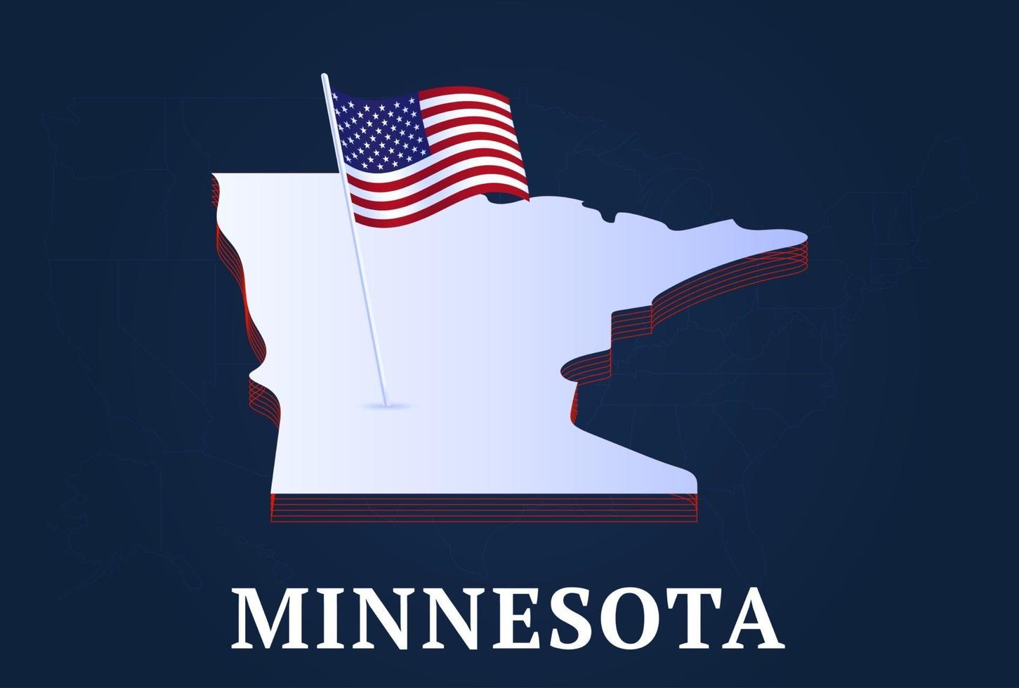 Mapa isométrico del estado de Minnesota y bandera nacional de EE. UU. forma isométrica 3d de la ilustración de vector de estado de EE. UU.
