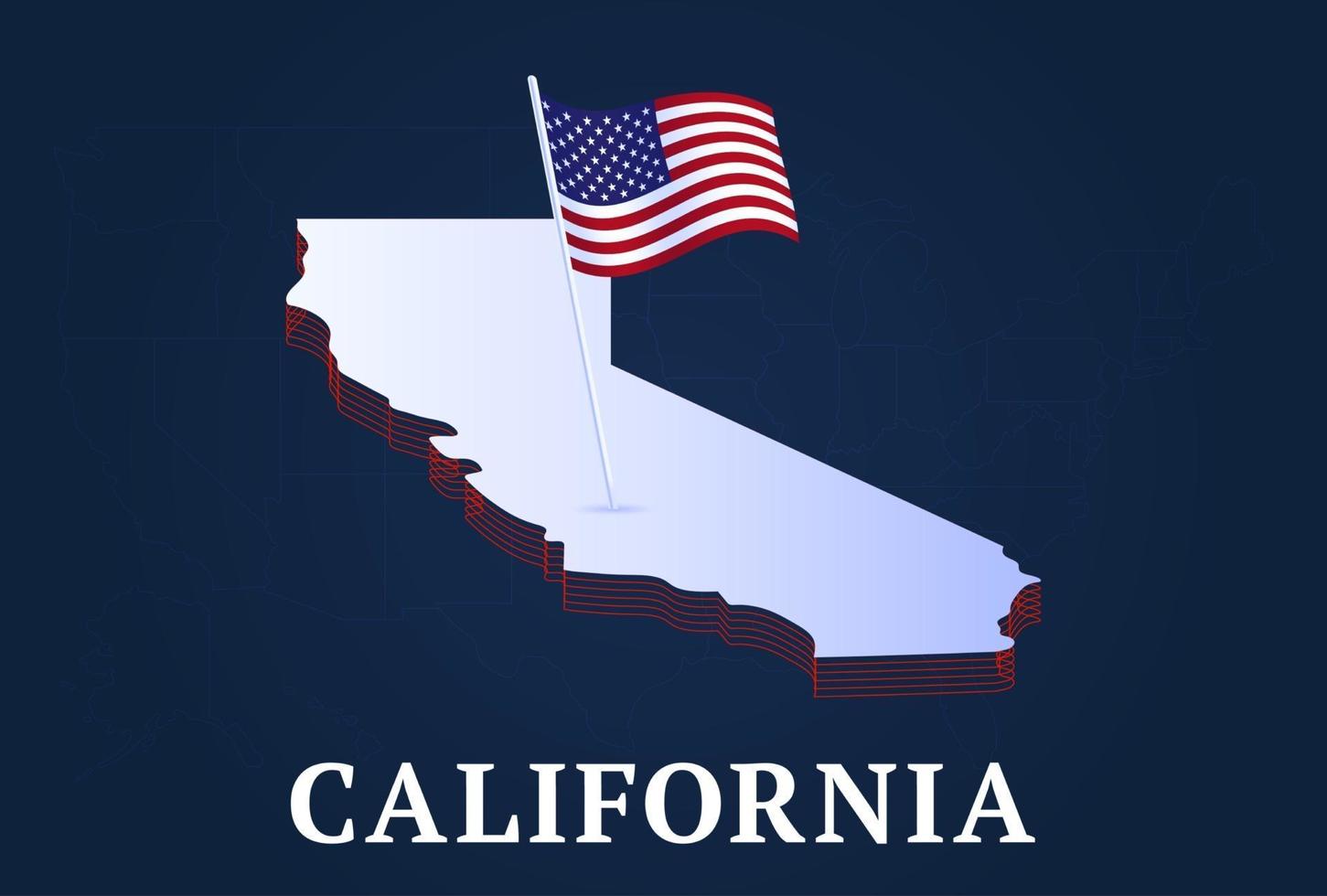 Mapa isométrico del estado de California y bandera natioanl de EE. UU.Forma isométrica 3d de la ilustración de vector de estado de EE. UU.