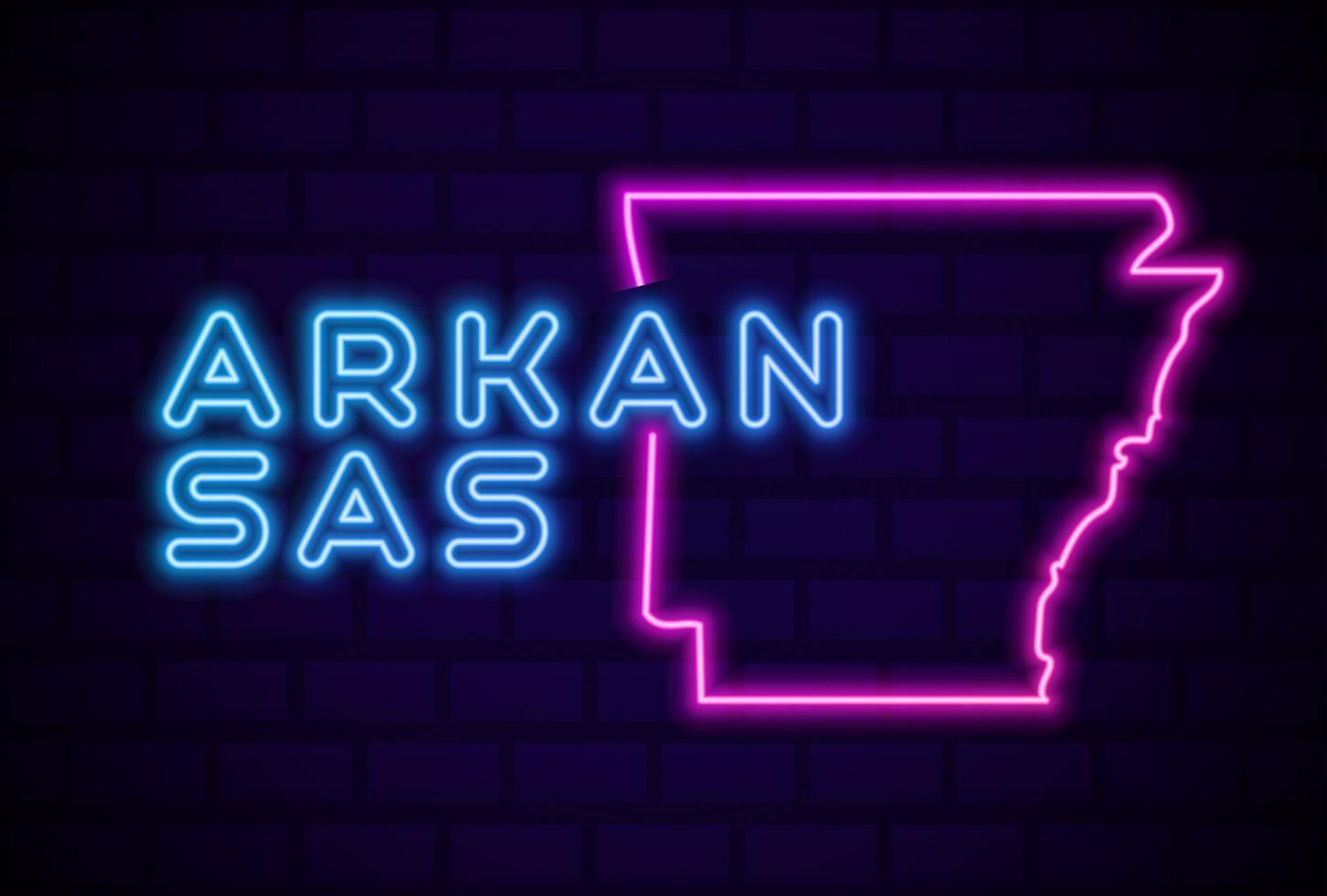 arkansas US state glowing neon lamp sign Realistic vector illustration Blue brick wall glow