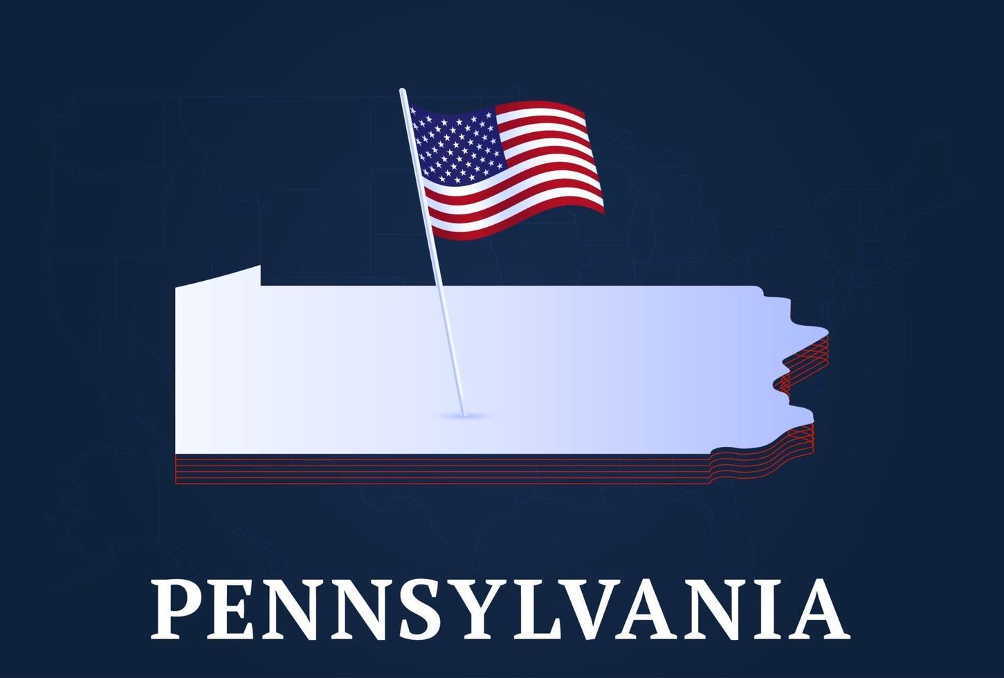 Mapa isométrico del estado de Pensilvania y bandera nacional de EE. UU. forma isométrica 3d de la ilustración de vector de estado de EE. UU.