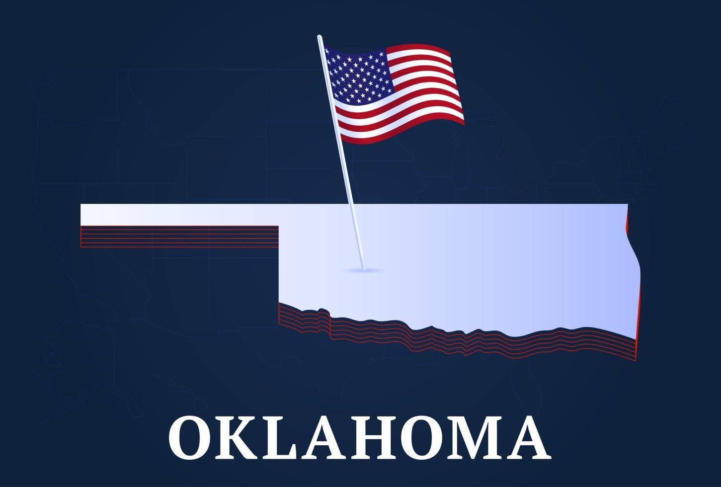 Mapa isométrico del estado de Oklahoma y bandera nacional de EE. UU. Forma isométrica 3d de la ilustración de vector de estado de EE. UU.