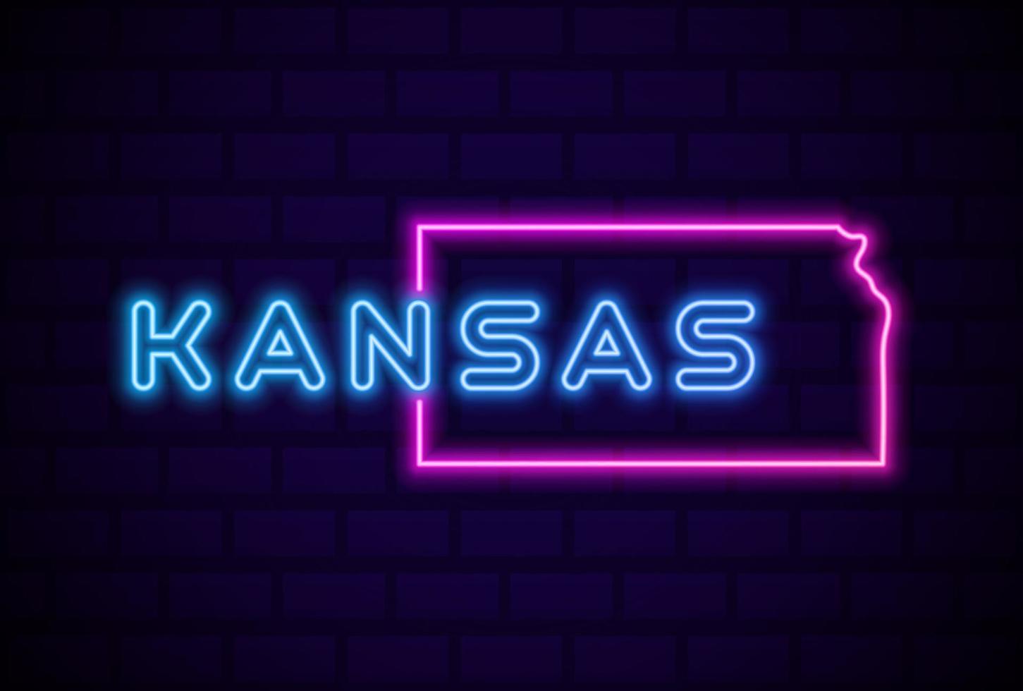 Kansas, estado de EE. UU., lámpara de neón brillante, signo, ilustración vectorial realista, pared de ladrillo azul vector