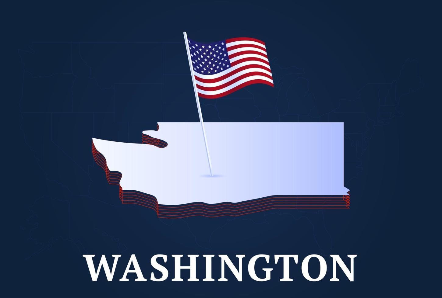 Mapa isométrico del estado de Washington y la bandera nacional de Estados Unidos Forma isométrica 3d de la ilustración de vector de estado de Estados Unidos