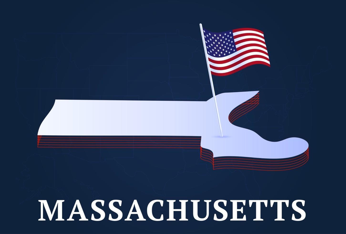 Mapa isométrico del estado de Massachusetts y bandera nacional de EE. UU. Forma isométrica 3d de la ilustración de vector de estado de EE. UU.