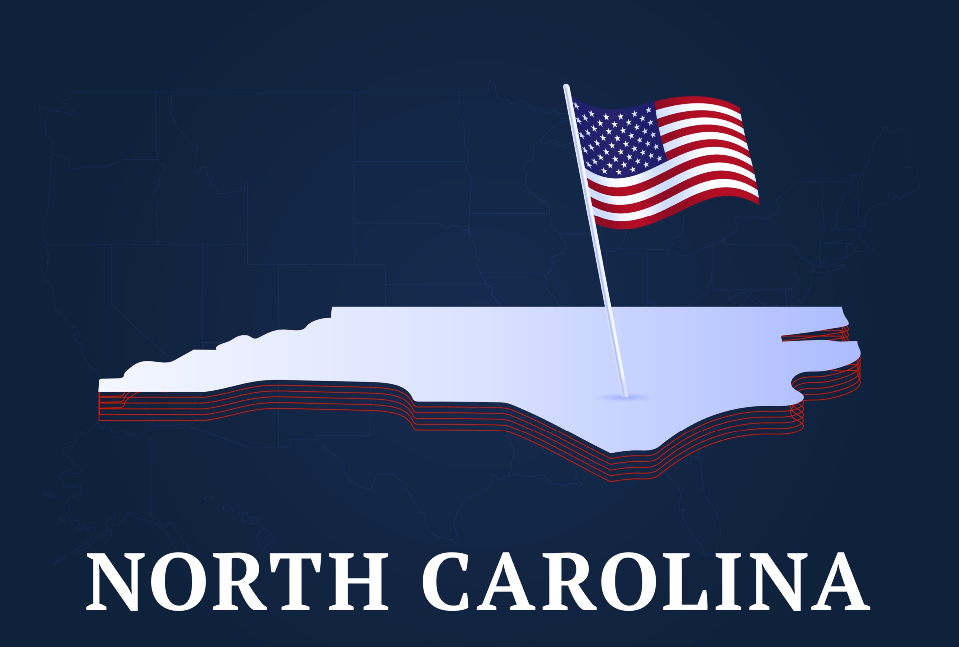 north carolina state Isometric map and USA national flag 3D isometric
