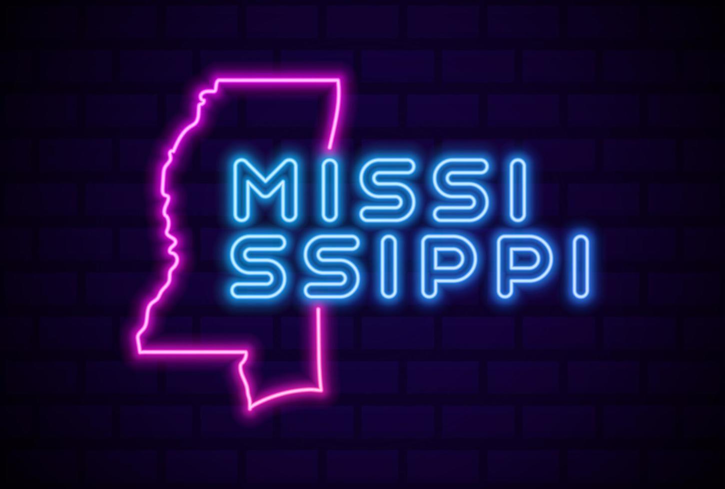 Mississippi, estado de EE. UU., lámpara de neón brillante, letrero, ilustración vectorial realista, pared de ladrillo azul vector