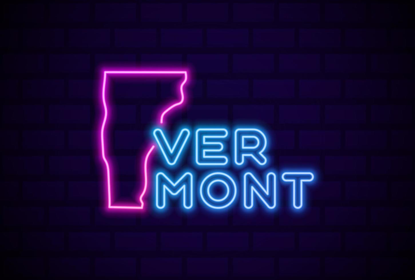 Vermont, estado de EE. UU., lámpara de neón brillante, signo, ilustración vectorial realista, pared de ladrillo azul, resplandor vector