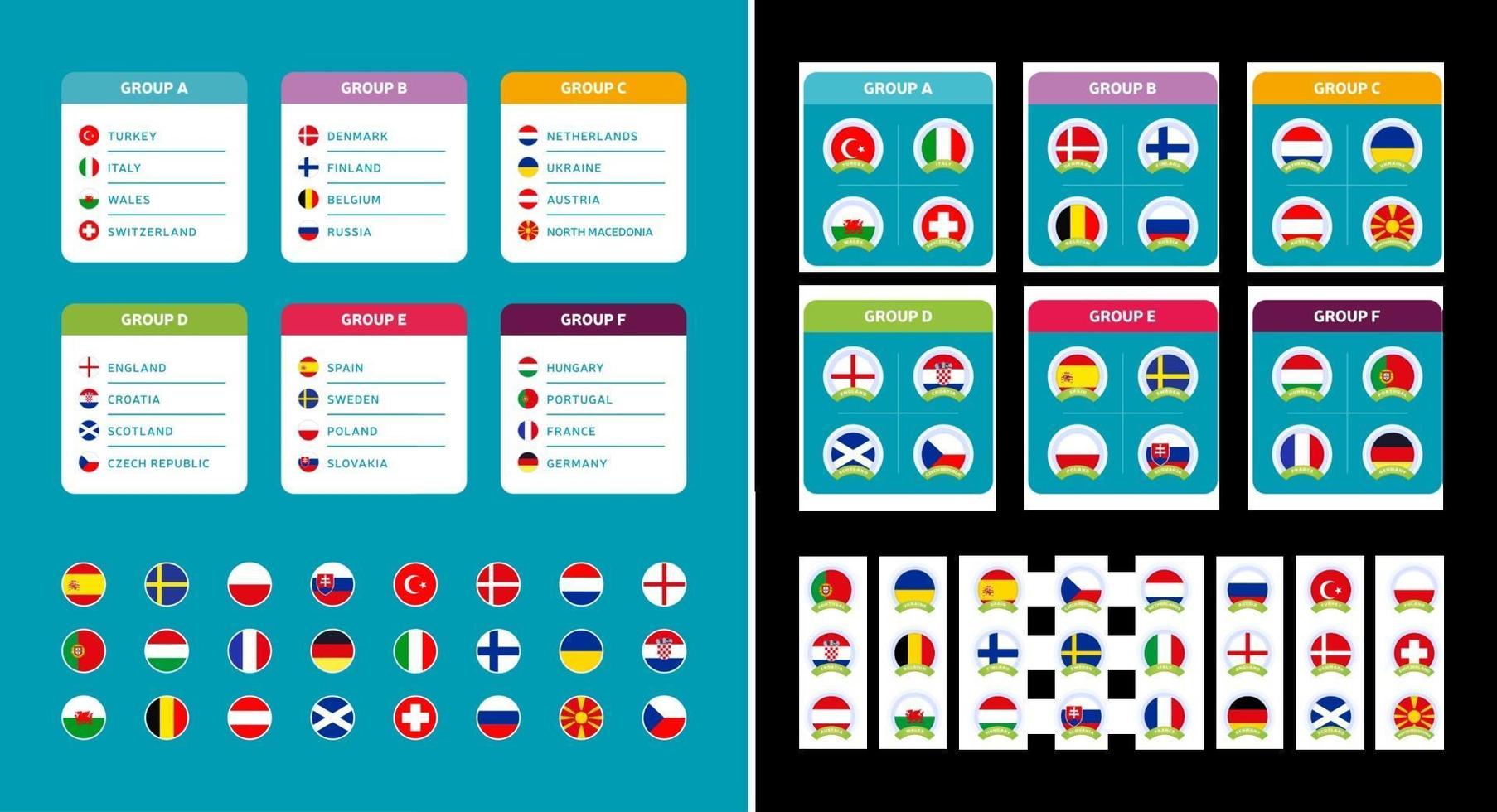 grupo de fútbol europeo establece banderas de países y grupos de equipos de fútbol europeo 2020 en el conjunto de vectores de fondo del torneo