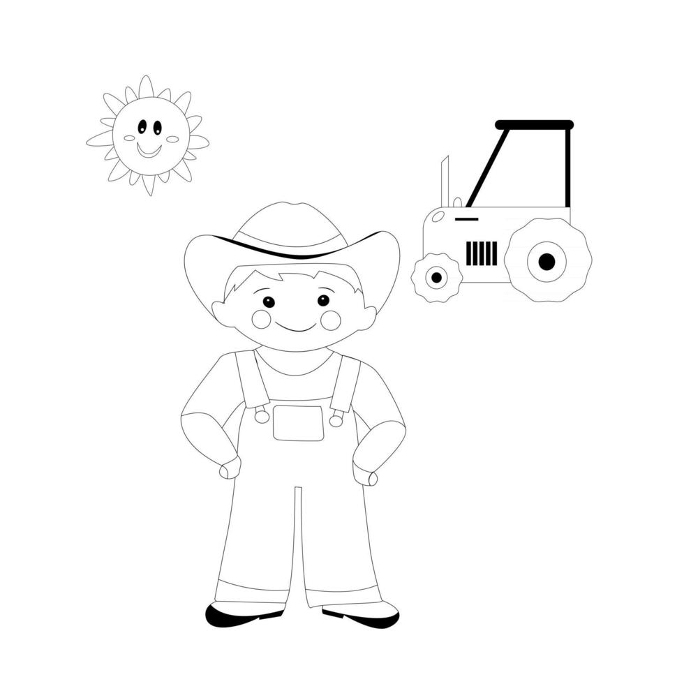 Coloring page with farmer and tractor vector