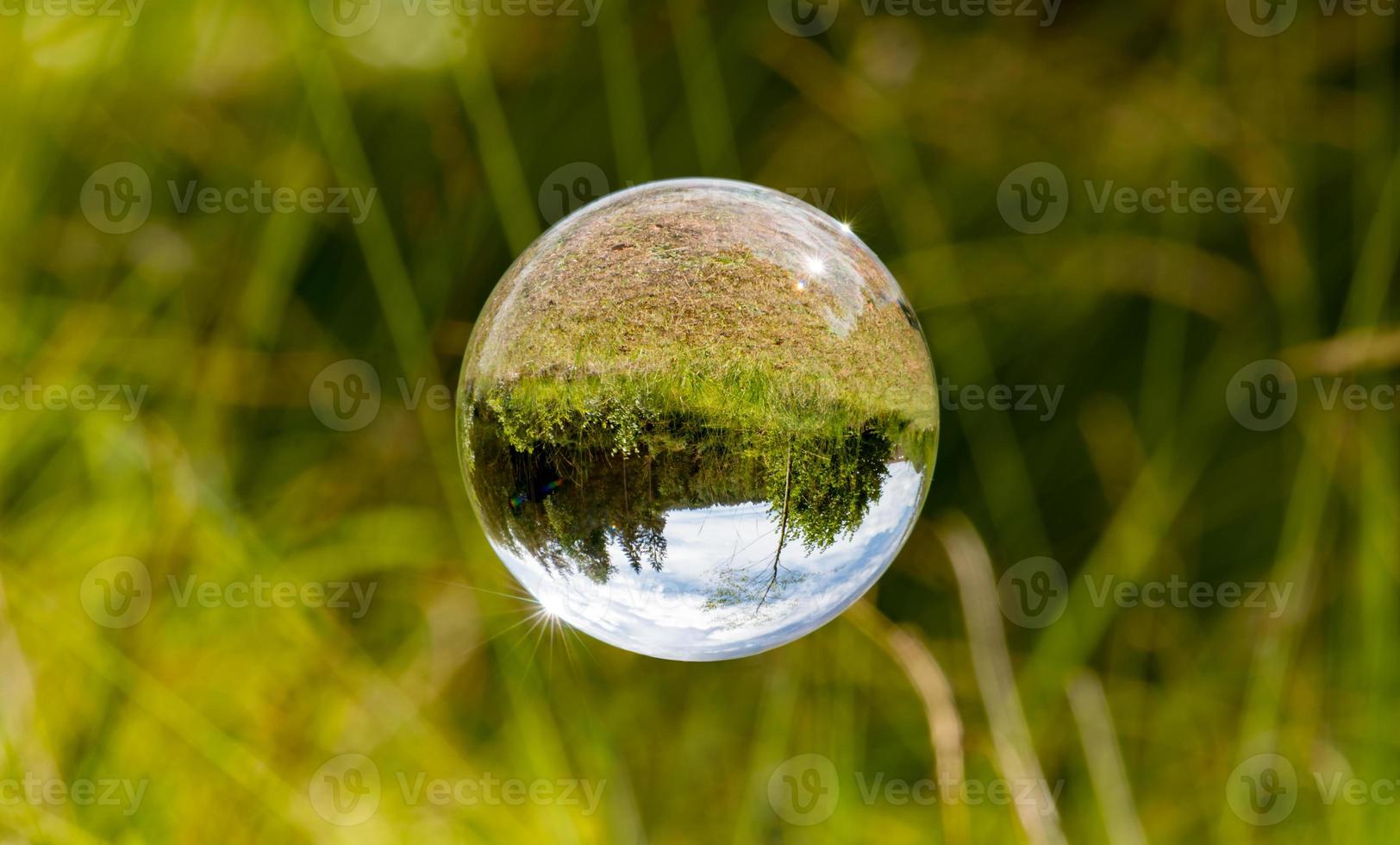 Bola de cristal flota entre briznas de hierba con árboles reflejados y cielo nublado foto