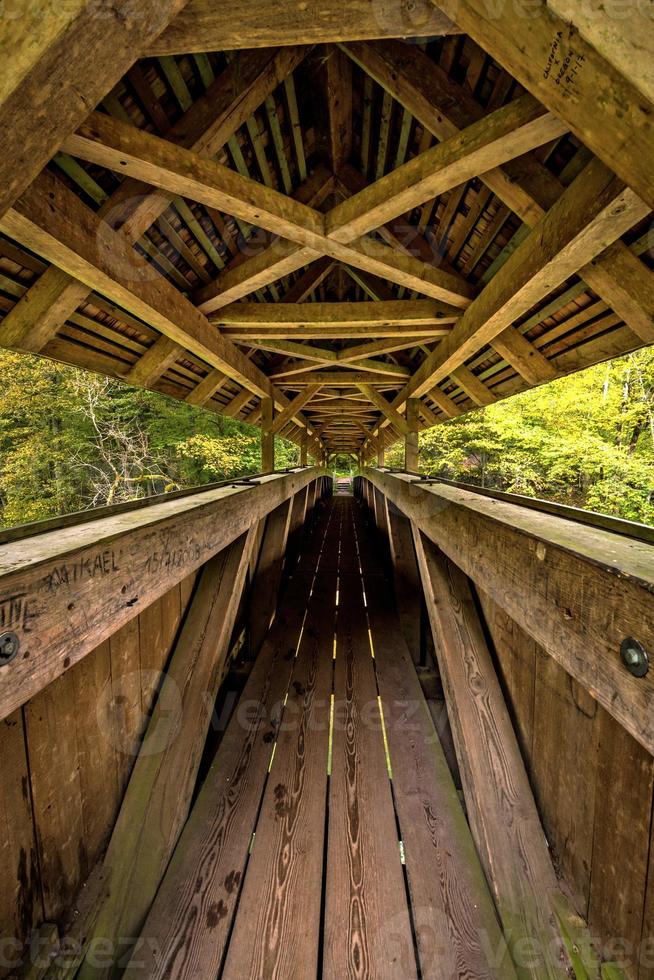 Long wooden beamed pedestrian bridge with roof and graffiti photo