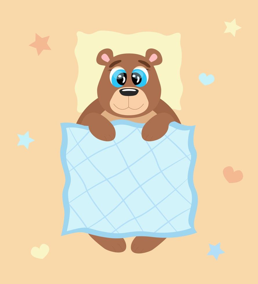Cartoon Bear character under the blanket Cute animal is going to sleep Poster for baby room nursery Vector illustration for kids