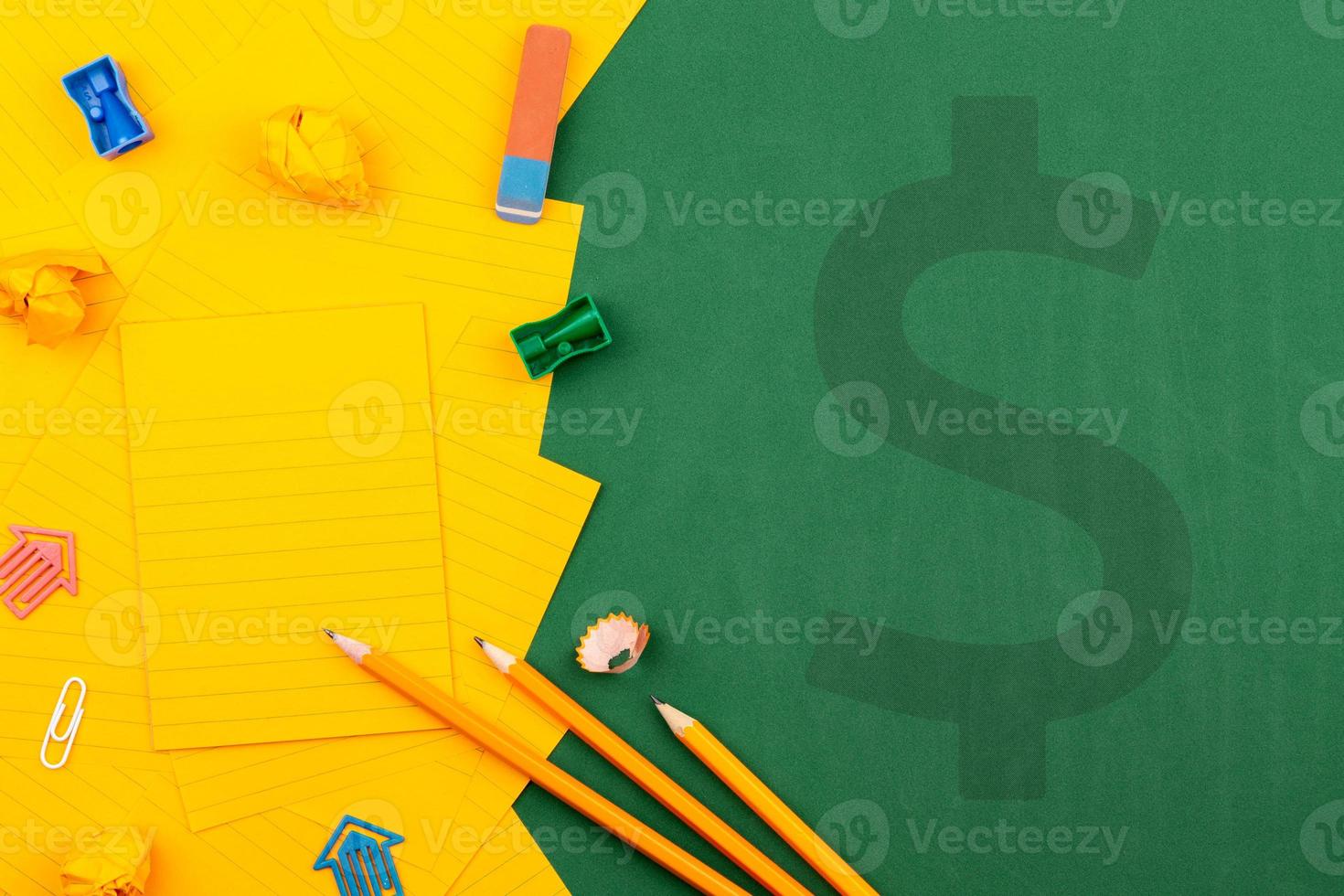 School stationery illustration with dollar sign and orange paper photo