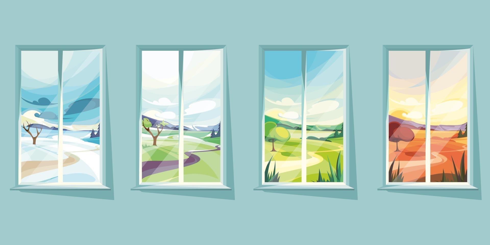 paisaje fuera de la ventana en diferentes épocas del año vector