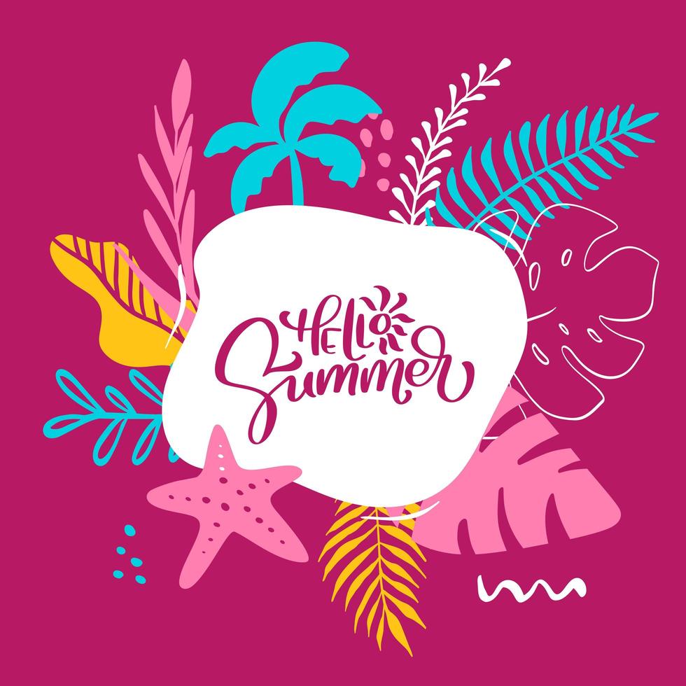 Text Hello Summer in tropical floral leaves and sea elements frame. Hand drawn lettering calligraphy vector illustration. quote design for greeting card. Inspiration typography poster