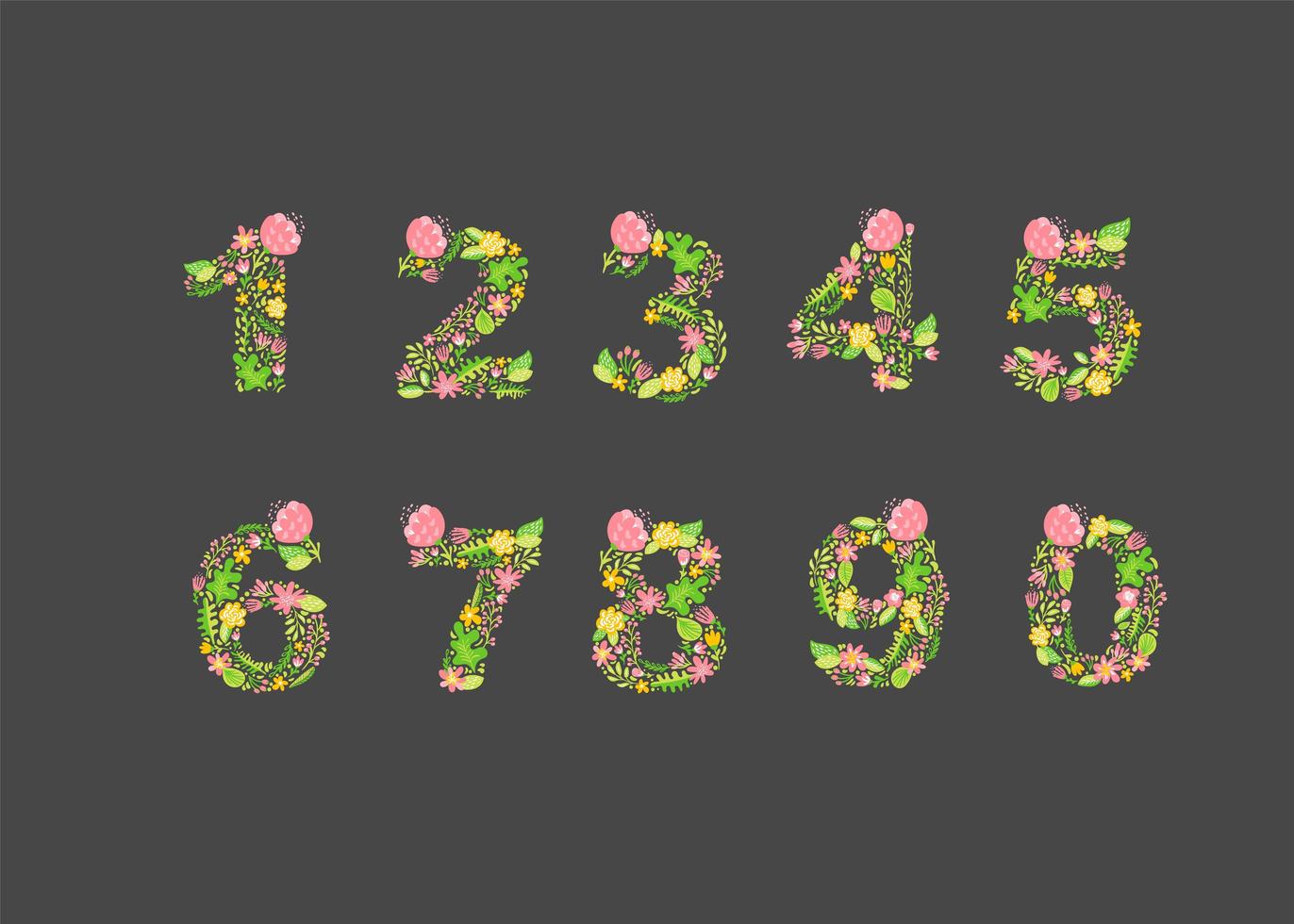 vector dibujado a mano monogramas de números florales. números del 0 al 9 con flores y ramas en flor. diseño floral