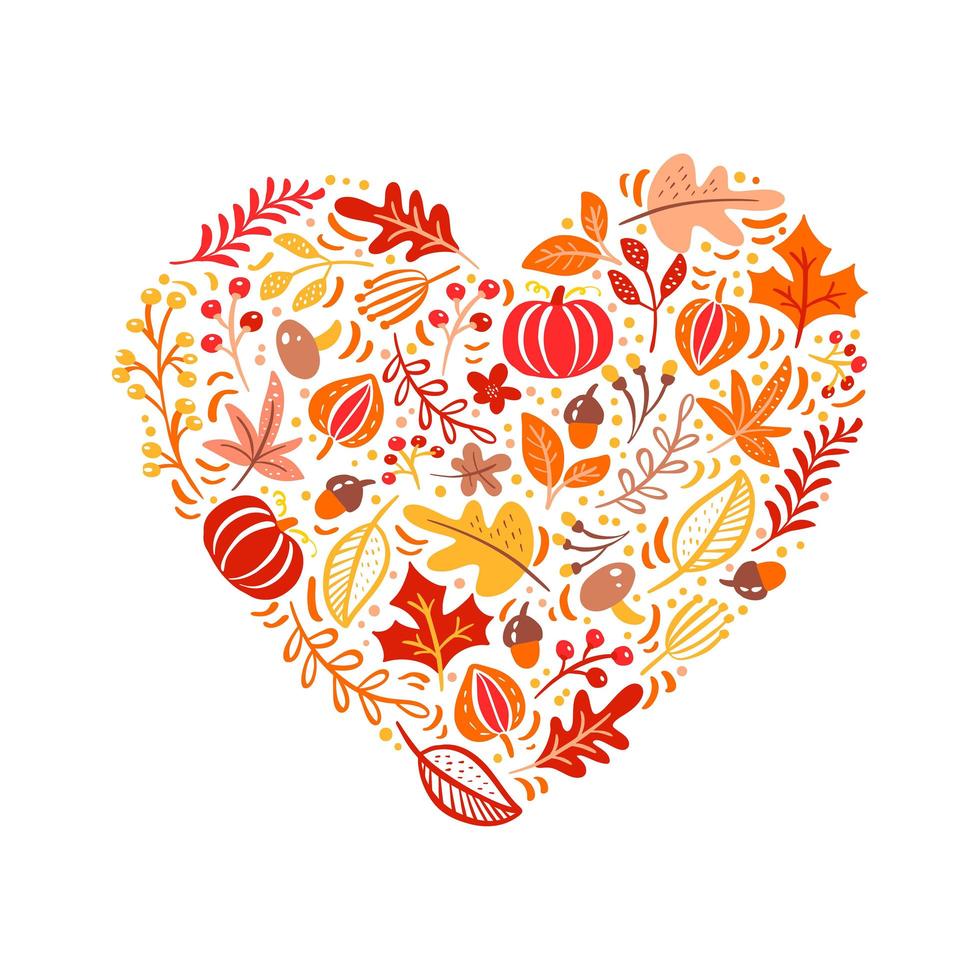 Vector autumn elements made in heart. Mushroom, acorn, maple leaves and pumpkin isolated on white background. Perfect for seasonal holidays, Thanksgiving Day