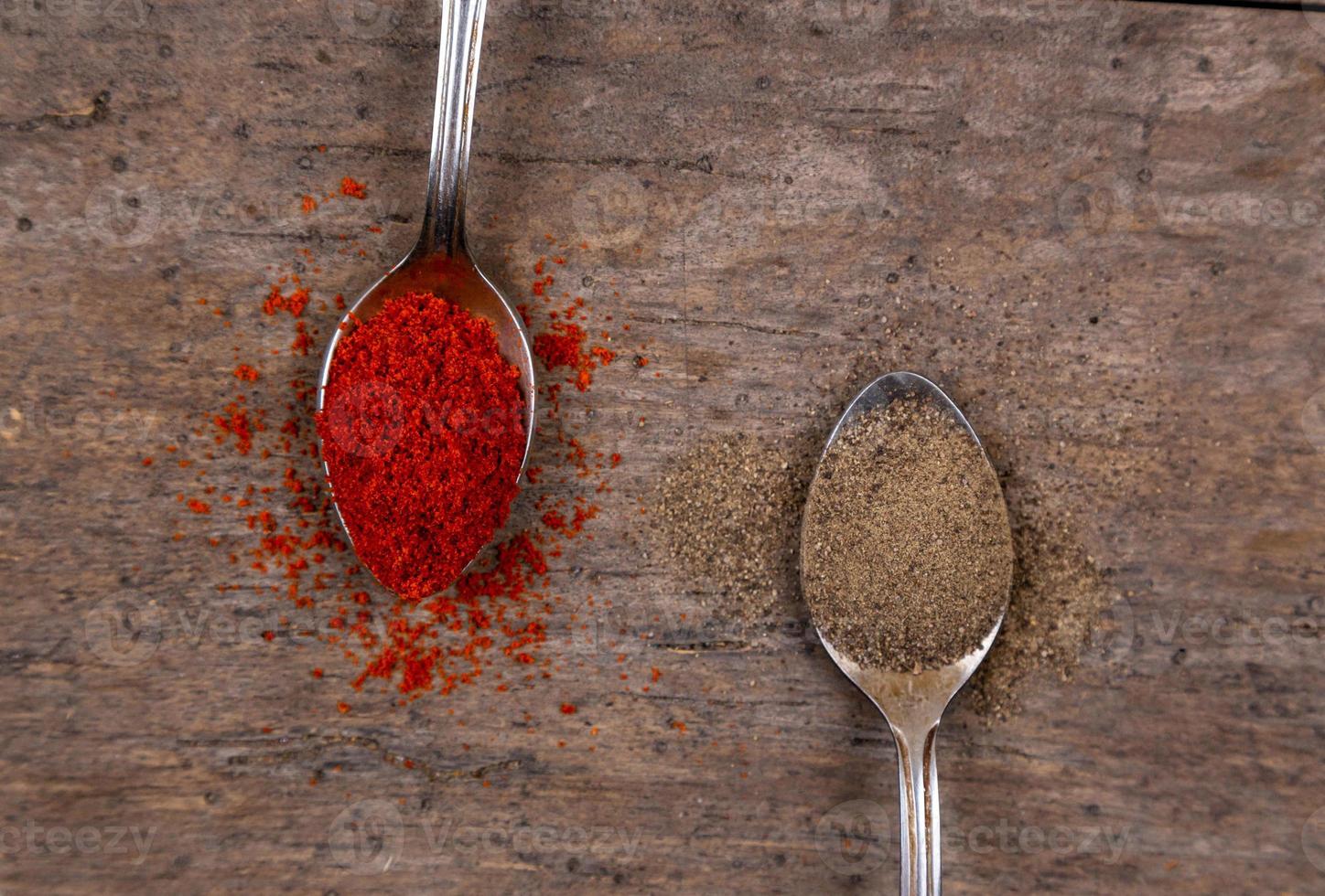 Bright spices over wooden background photo